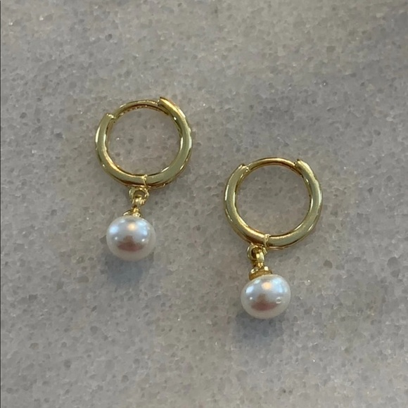 Modest Lu Jewelry - COPY - COPY - Gold Pearl Dangle Huggie Hoop Earrings Brand New